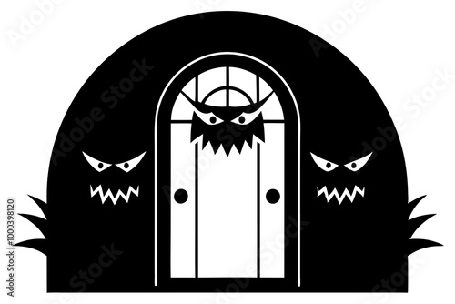 Halloween door with monster eyes. Scary and creepy creatures eyeballs glowing in darkness, night demons or Halloween monsters cartoon vector eyes in opened door arch background