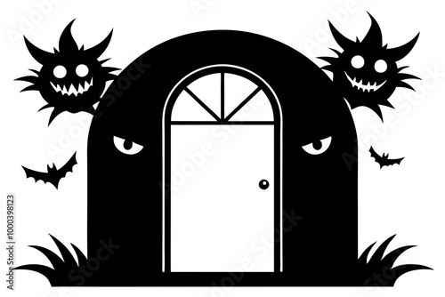 Halloween door with monster eyes. Scary and creepy creatures eyeballs glowing in darkness, night demons or Halloween monsters cartoon vector eyes in opened door arch background