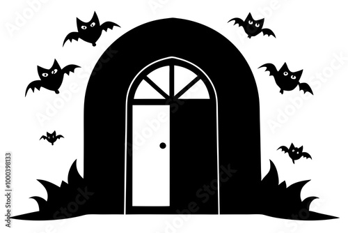 Halloween door with monster eyes. Scary and creepy creatures eyeballs glowing in darkness, night demons or Halloween monsters cartoon vector eyes in opened door arch background
