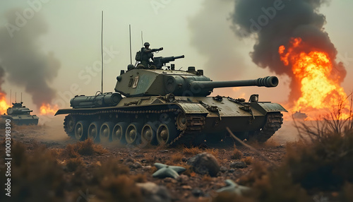 Military Tank in Battlefield with Fire and Smoke.