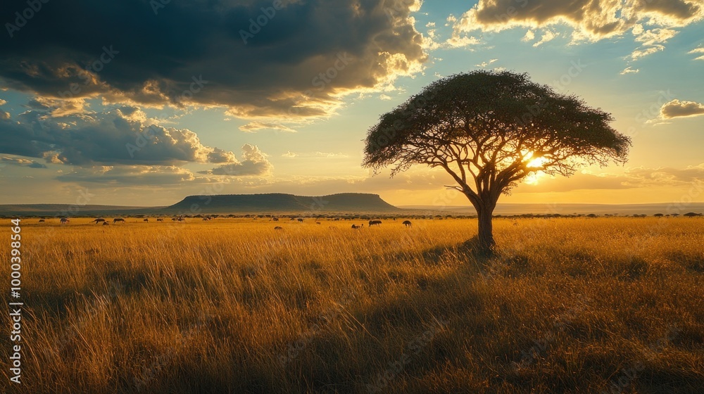 Fototapeta premium Sunset Over African Grasslands with Solitary Acacia Tree and Rolling Hills