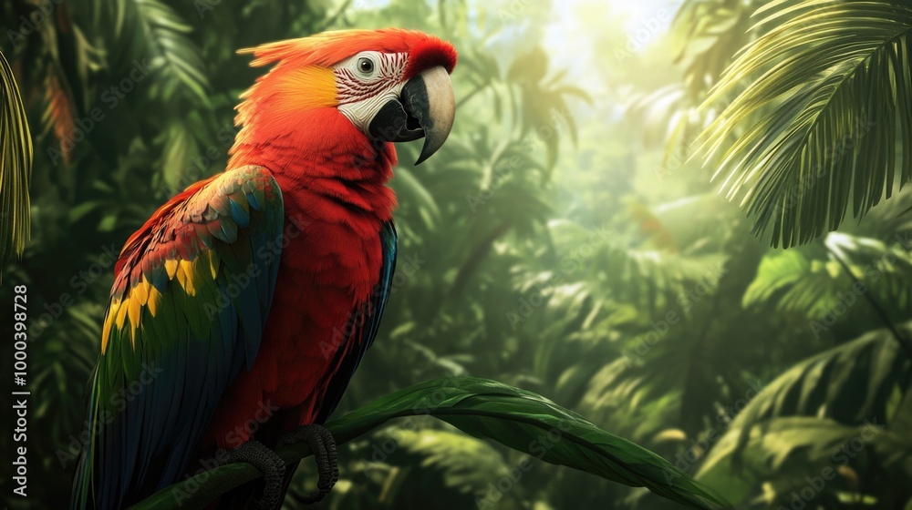 Obraz premium Scarlet Macaw in Sunlit Tropical Forest