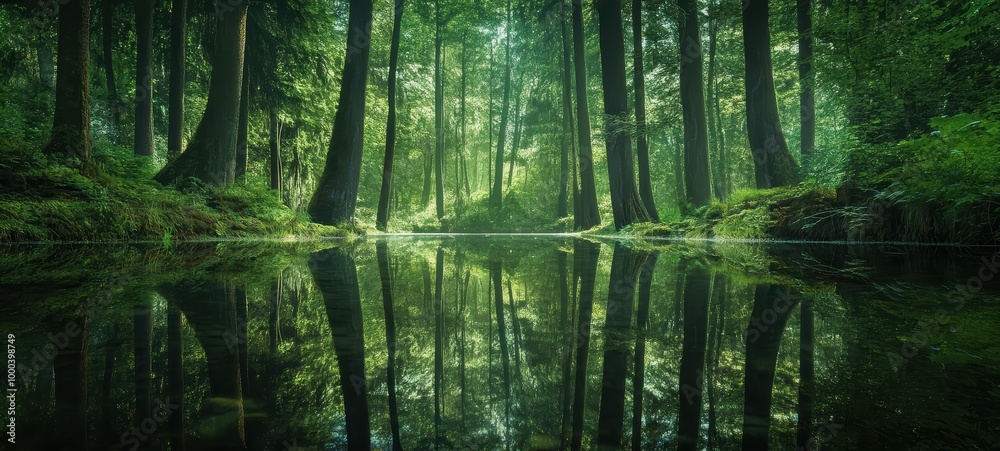 A magical forest, with tall trees and foliage reflected in a calm, reflective pond A magical forest, with tall trees and foliage reflected in a calm, reflective pond