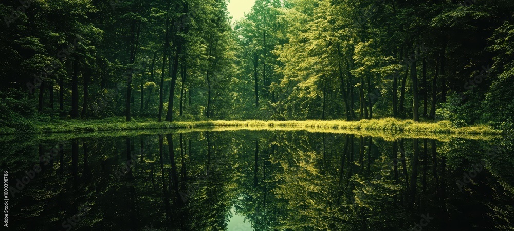 A magical forest, with tall trees and foliage reflected in a calm, reflective pond A magical forest, with tall trees and foliage reflected in a calm, reflective pond