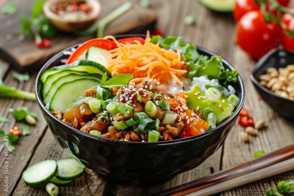 Poke bowl with chicken and fresh vegetables is served on a rustic wooden table Poke bowl with chicken and fresh vegetables is served on a rustic wooden table