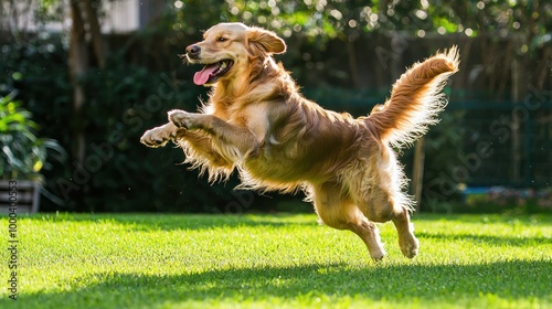 A golden retriever jumping with excitement in a backyard, its tongue out and tail wagging wildly, ready to play fetch 