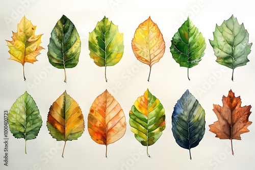 Vector illustration of various green leaf icons isolated on a white background, featuring detailed and diverse leaf shapes ideal for botanical designs and eco-friendly projects.