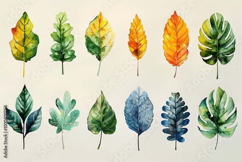 Vector illustration of various green leaf icons isolated on a white background, featuring detailed and diverse leaf shapes ideal for botanical designs and eco-friendly projects.