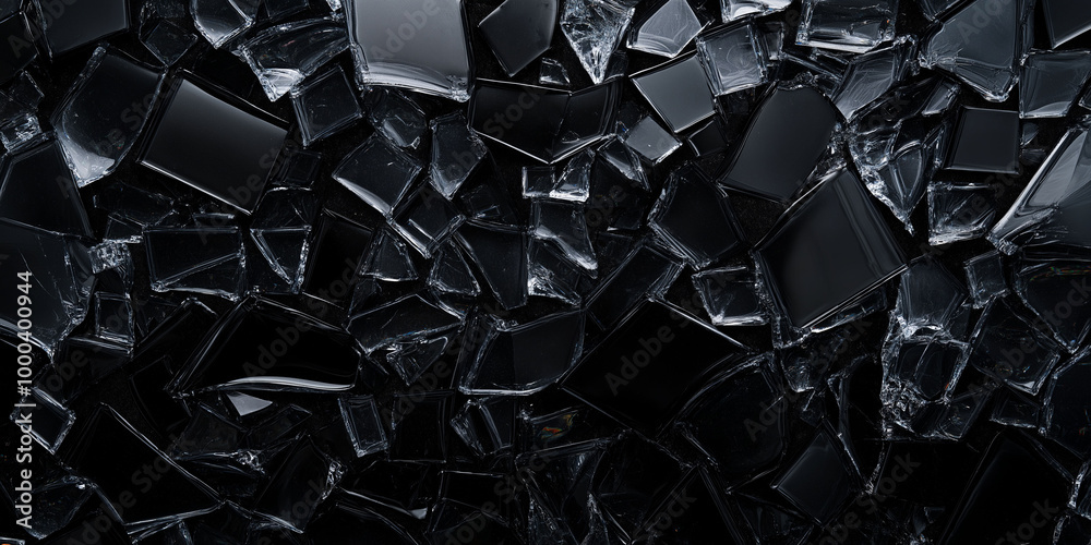 Shattered, broken, cracked black glass pieces creating abstract background, fragility, destruction concept Shattered, broken, cracked black glass pieces creating abstract background, fragility, destruction concept