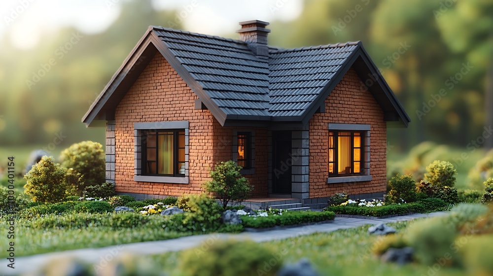 Cute red brick house with a green lawn and pathway, perfect for real estate and home decor Cute red brick house with a green lawn and pathway, perfect for real estate and home decor