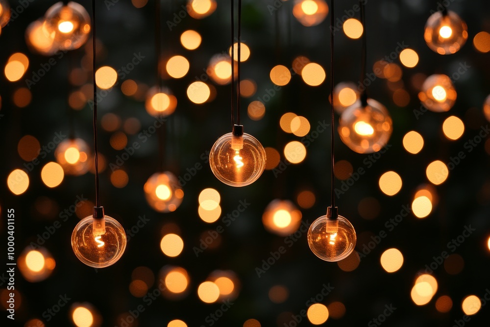 Warm and inviting scene of glowing bokeh lights and round hanging ornaments creating a magical Christmas atmosphere of joy and celebration
