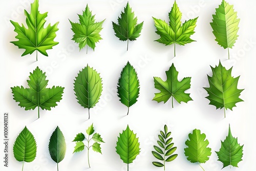 Vector illustration of various green leaf icons isolated on a white background, featuring detailed and diverse leaf shapes ideal for botanical designs and eco-friendly projects.