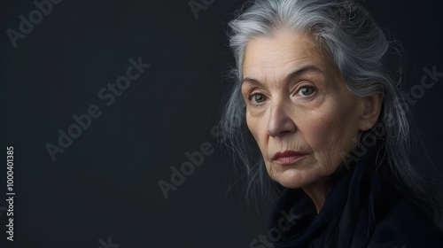 Portrait of senior woman with gray hair. Empty background