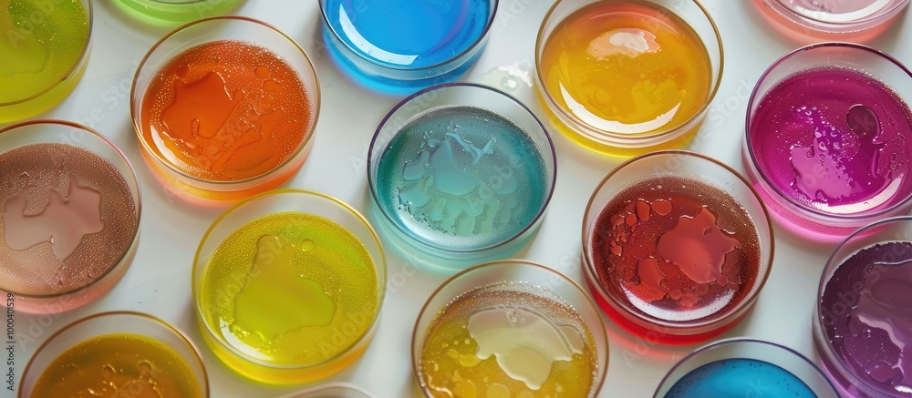 Group Of Petri Dishes With A Colored Liquids Group Of Petri Dishes With A Colored Liquids