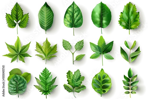 Vector illustration of various green leaf icons isolated on a white background, featuring detailed and diverse leaf shapes ideal for botanical designs and eco-friendly projects.