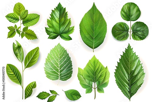 Vector illustration of various green leaf icons isolated on a white background, featuring detailed and diverse leaf shapes ideal for botanical designs and eco-friendly projects.