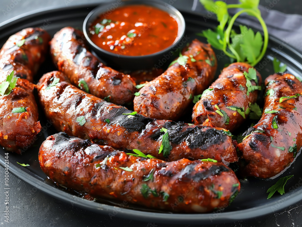 Grilled lamb merguez sausages served with harissa sauce, garnished with fresh herbs, create delicious and appetizing dish. Grilled lamb merguez sausages served with harissa sauce, garnished with fresh herbs, create delicious and appetizing dish.