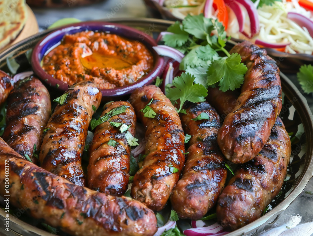 Grilled lamb merguez sausages served with harissa and fresh herbs create delicious and vibrant dish.