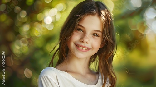 Portrait of young girl with smile brown hair white t-shirt