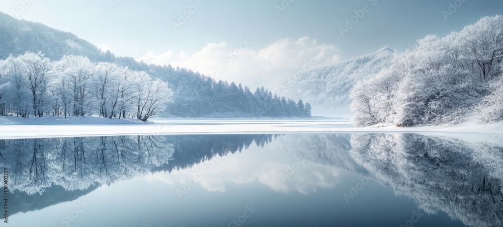A quiet, snowy landscape, with snow-covered trees and hills perfectly mirrored in a frozen lake A quiet, snowy landscape, with snow-covered trees and hills perfectly mirrored in a frozen lake