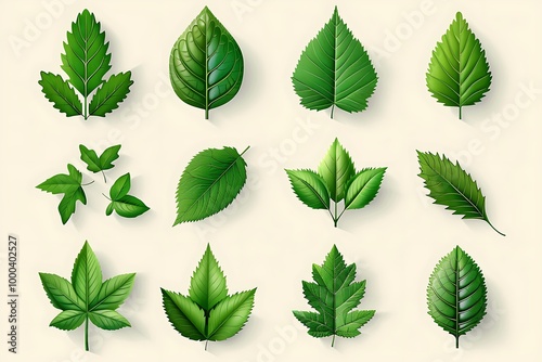 Vector illustration of various green leaf icons isolated on a white background, featuring detailed and diverse leaf shapes ideal for botanical designs and eco-friendly projects.