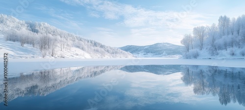 A quiet, snowy landscape, with snow-covered trees and hills perfectly mirrored in a frozen lake