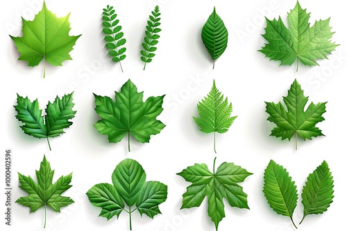 Vector illustration of various green leaf icons isolated on a white background, featuring detailed and diverse leaf shapes ideal for botanical designs and eco-friendly projects.