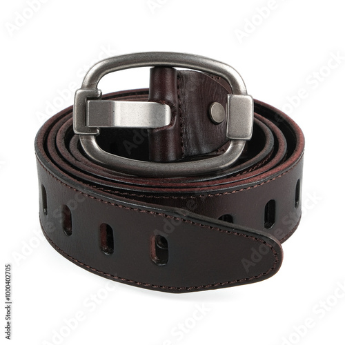 Fashionable men's leather belt with matted metal buckle isolated on white background. Brown belt for men. Brown leather belt for trousers and jeans. Male accessory