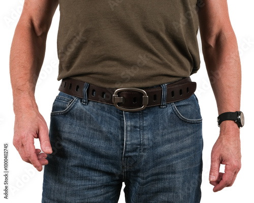 Slika na platnu The handsome man wear blue jeans and brown genuine leather belt.