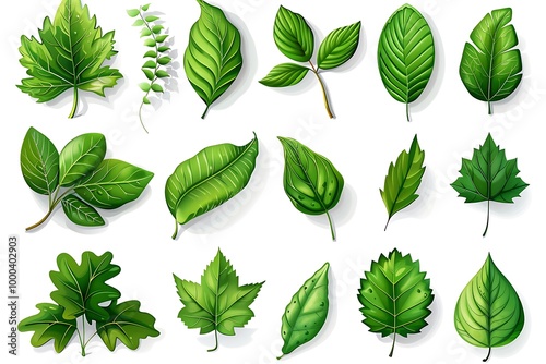 Vector illustration of various green leaf icons isolated on a white background, featuring detailed and diverse leaf shapes ideal for botanical designs and eco-friendly projects.