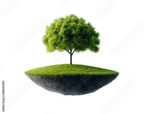 green tree growing on floating island isolated png transparent background