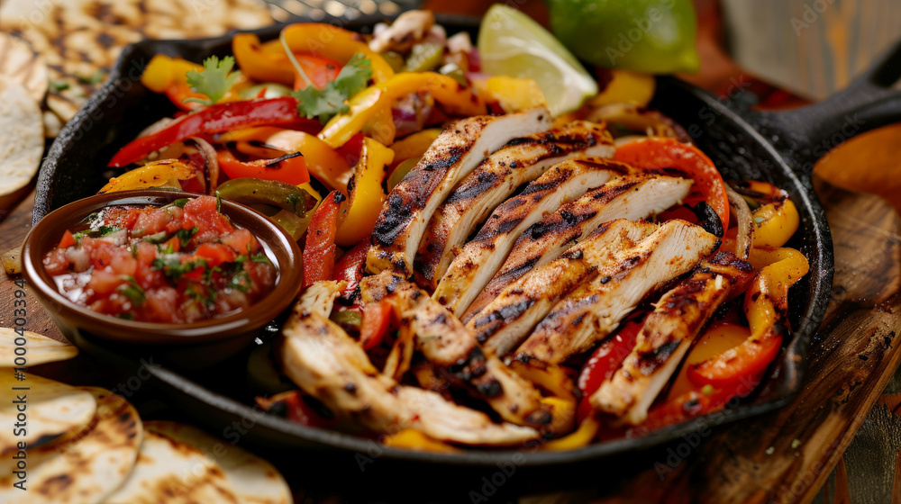 Grilled chicken fajitas served with colorful bell peppers and warm tortillas create delicious and vibrant meal. Grilled chicken fajitas served with colorful bell peppers and warm tortillas create delicious and vibrant meal.
