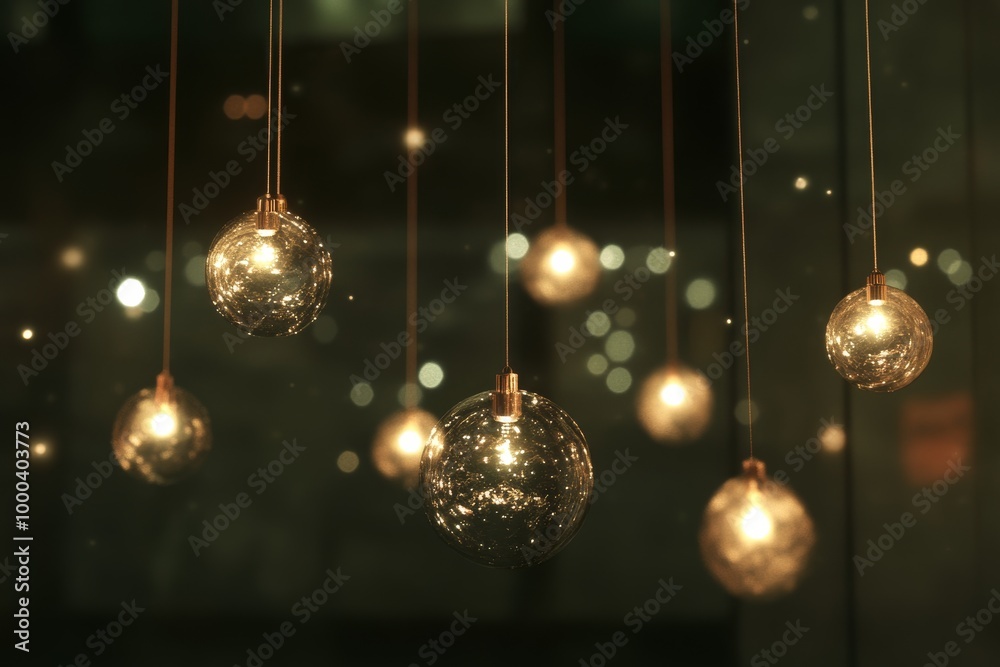 Hanging glass ornaments softly illuminated by warm lighting creating an elegant and festive holiday atmosphere Hanging glass ornaments softly illuminated by warm lighting creating an elegant and festive holiday atmosphere