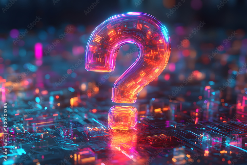 Question Sign Tech 3D digital question mark made of glowing connected circuits on a bright ...