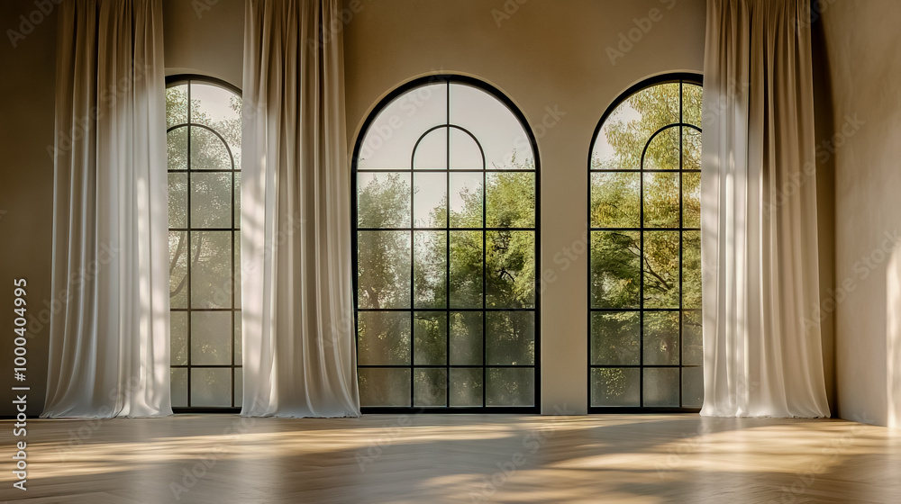 Fototapeta premium Room with large arched windows featuring a black steel frame.