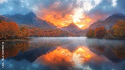 Tranquil Morning Reflection of Snow-Capped Mountains in Misty Lake