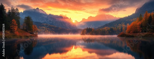 Tranquil Morning Reflection of Snow-Capped Mountains in Misty Lake