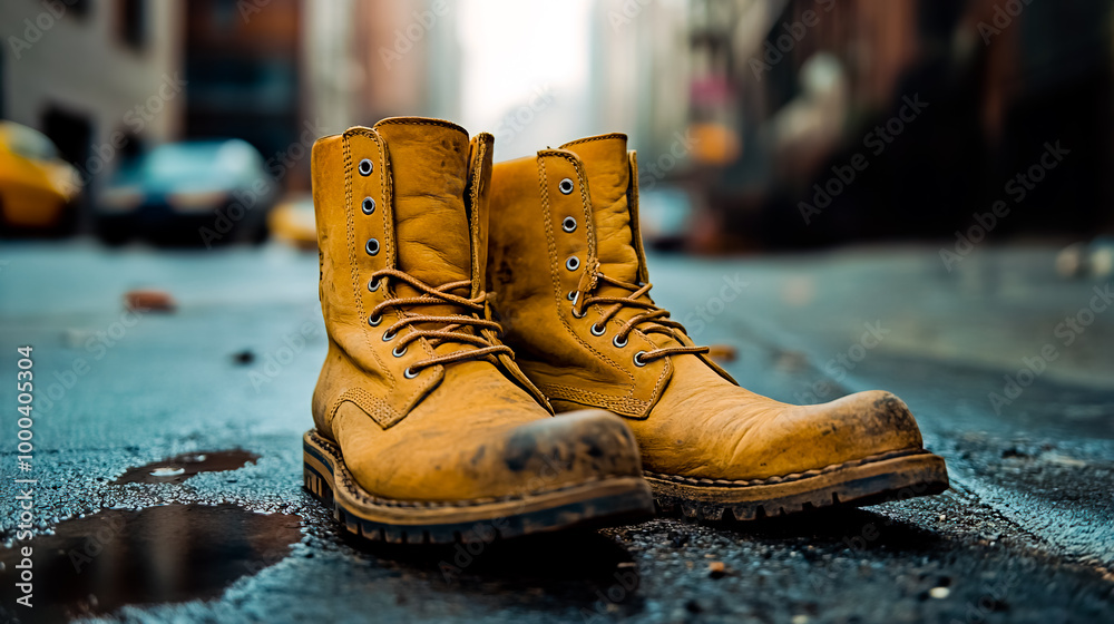 Pair of classic tan work boots positioned on a city street. Pair of classic tan work boots positioned on a city street.