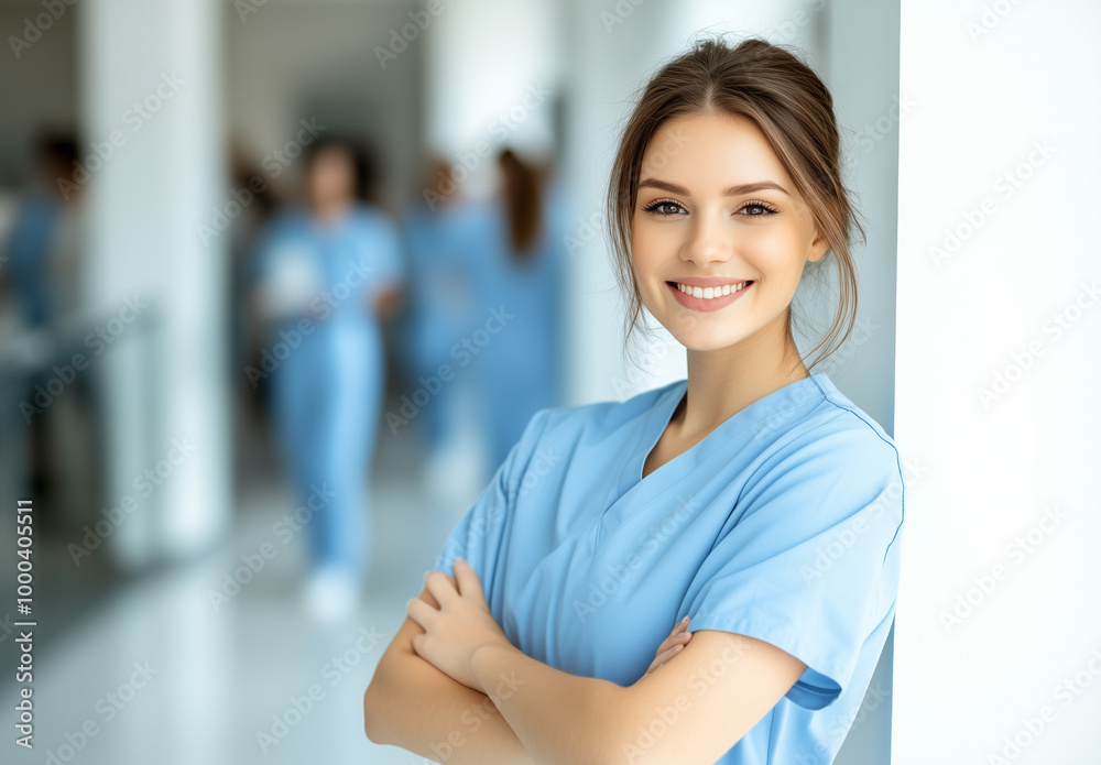 Smiling with brown black nurse wearing light blue scrubs in a bright and inviting hospital environment with copyspace for marketing or ads Smiling with brown black nurse wearing light blue scrubs in a bright and inviting hospital environment with copyspace for marketing or ads