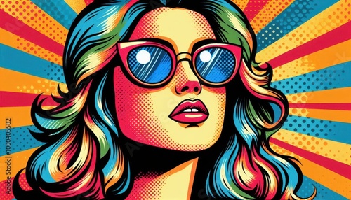 A vibrant pop art illustration of a woman with colorful hair and retro sunglasses.