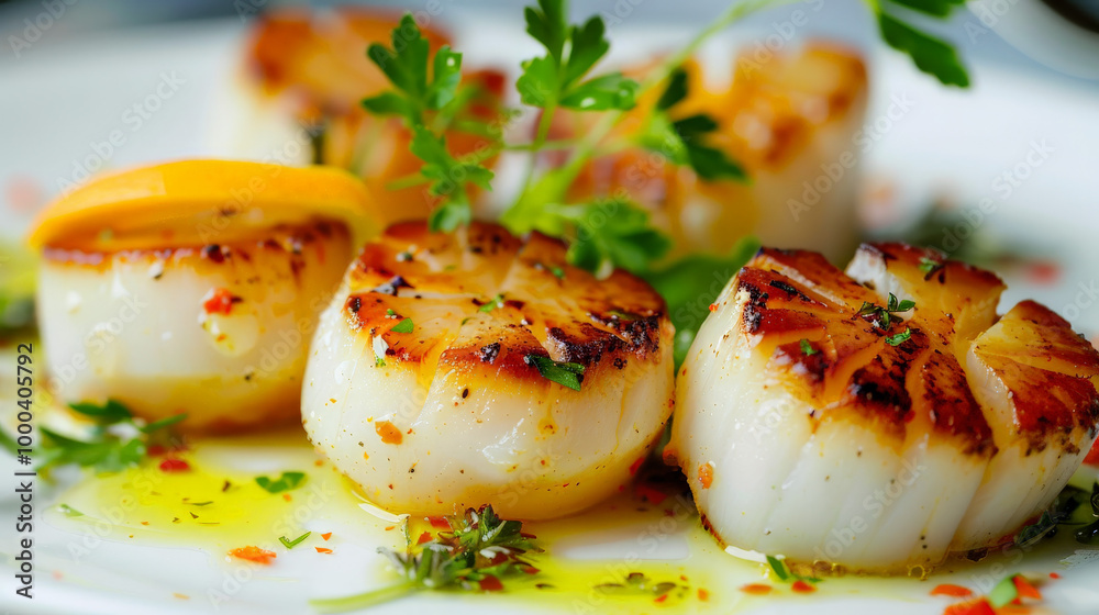 Grilled scallops served with citrus vinaigrette, garnished with herbs, create delightful and fresh dish. Grilled scallops served with citrus vinaigrette, garnished with herbs, create delightful and fresh dish.