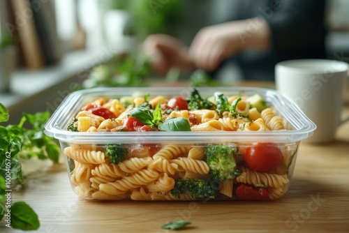 Un recipiente transparente lleno de pasta con tomates cherry, brócoli y otros vegetales frescos, listo para una comida saludable. En el fondo, una persona desenfocada añade detalles al ambiente. photo