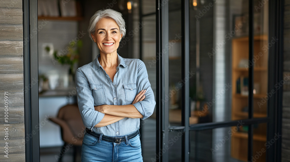 Entrepreneur with her arms crossed is smiling in the doorway of her modern office Entrepreneur with her arms crossed is smiling in the doorway of her modern office