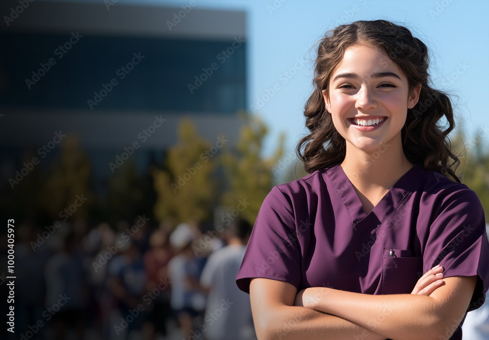 Smiling with brown black nurse wearing light blue scrubs in a bright and inviting hospital environment with copyspace for marketing or ads Smiling with brown black nurse wearing light blue scrubs in a bright and inviting hospital environment with copyspace for marketing or ads