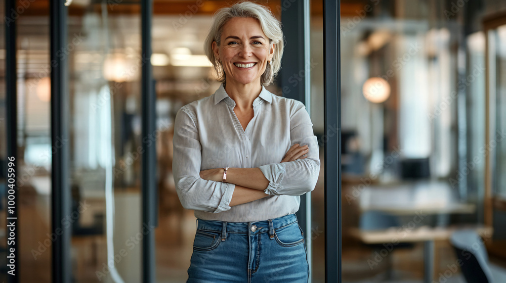 Mature businesswoman is smiling while standing with her arms crossed in a modern office Mature businesswoman is smiling while standing with her arms crossed in a modern office