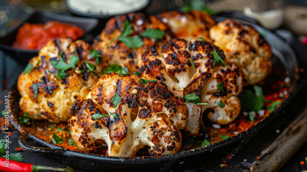 Grilled whole cauliflower with spices and tahini sauce, garnished with fresh herbs, creates delicious and visually appealing dish. Grilled whole cauliflower with spices and tahini sauce, garnished with fresh herbs, creates delicious and visually appealing dish.