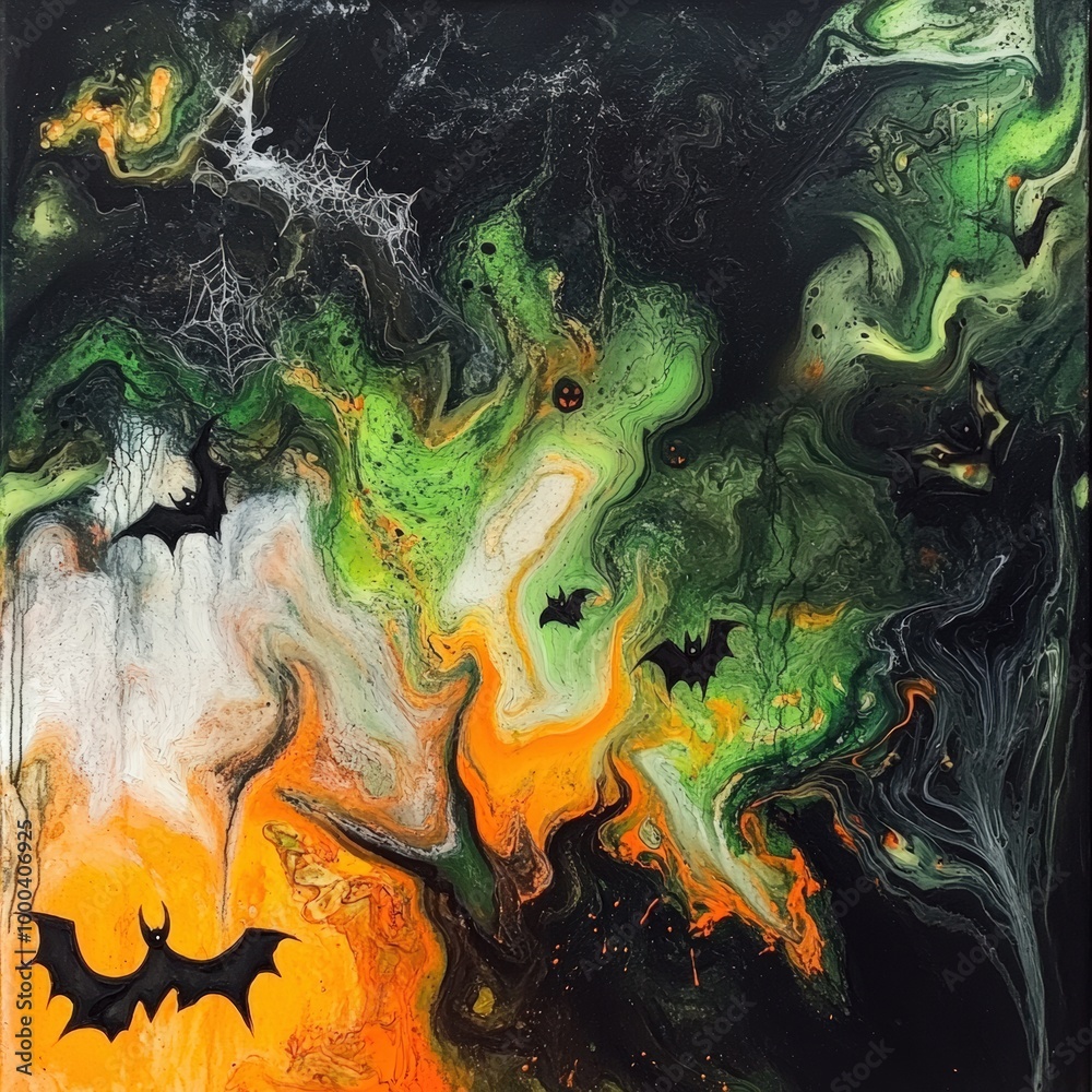 Halloween-themed abstract artwork, blending eerie shades of black, green, and orange, with swirling patterns that hint at witches, bats, and a haunting atmosphere.