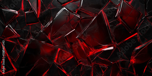 Shattered red, black glass fragments reflecting light, artistic abstract image, broken concept