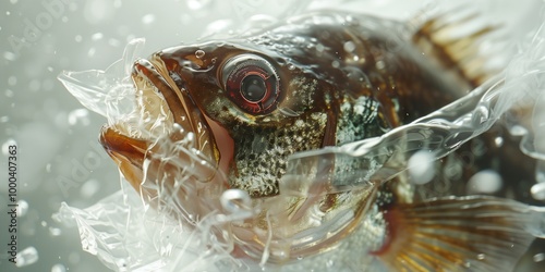 Close-up of fish trapped in plastic waste, representing the dangers of ocean pollution on marine life