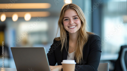 Young female entrepreneur happily working on laptop in contemporary office with a coffee cup beside her